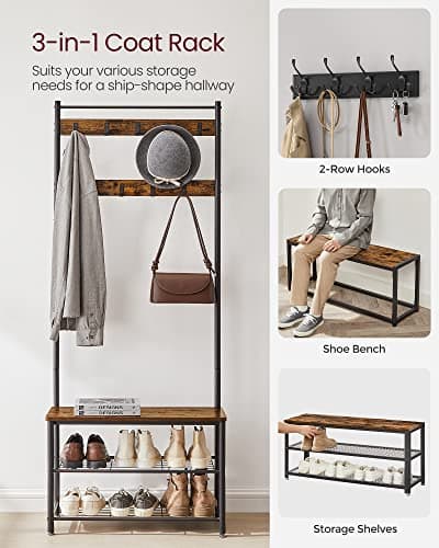 VASAGLE Coat Rack, Hallway Cabinet, Cloakroom, Clothes Rack, with Bench and Shoe Shelves, Hooks, Metal Frame, Height 175 cm, Industrial Style, Rustic Brown and Black HSR41BX — view 3