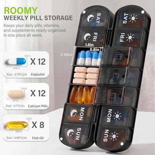mossime Foldable Weekly Pill Organiser 2 Times a Day, Premium Magnetic AM PM Pill Box 7 Day, Large Capacity Travel Tablet Dispenser with Double Protection for Medication, Vitamins and Fish Oils,Black — view 2