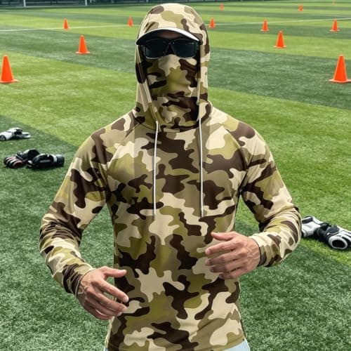 Men's Camo Sun Protection Hoodie with Face Cover, Lightweight Long Sleeve Fishing Shirt, Breathable Outdoor Hooded Top for Hiking and Camping — view 6