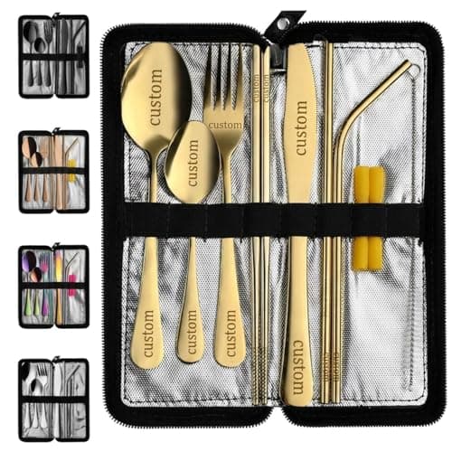 Personalised Engraved Cutlery Set | Custom Adult Cutlery Set | 9-Piece Stainless Steel Utensils | Knife, Fork, Spoons, Chopsticks & Straws | Portable Travel Case with Engraved Logo/Text (Gold)