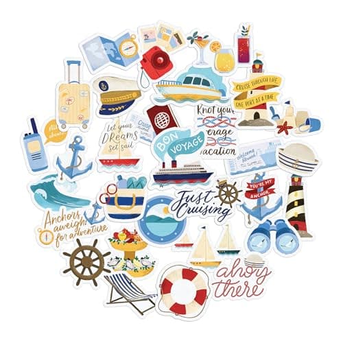 Navy Peony Relaxing Cruise Travel Stickers (30pcs) - Watercolor, Waterproof Cruise Ship Decals for Journals, Scrapbooks, Water Bottle, Suitcase