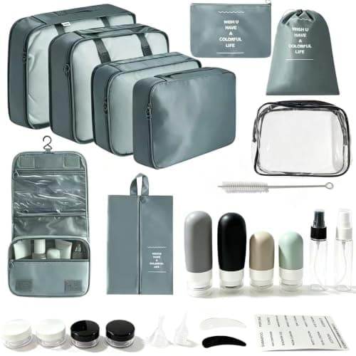 8 PCS Large Packing Cubes for Suitcases + 16 Pack Travel Bottles for Toiletries - Set of 24 - Suitcase Organiser Bags Lightweight Waterproof Luggage - Travel Essentials Refillable Travel Containers