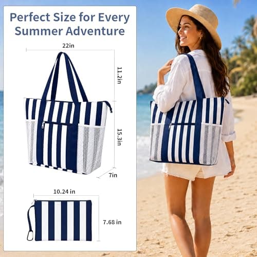 TAHAVICE Large Beach Bags for Women, Waterproof Summer Beach Tote Bag with Zip and Wet Compartment, Holiday Lightweight Bags for Travel, Pool (Navy Strip) — view 2