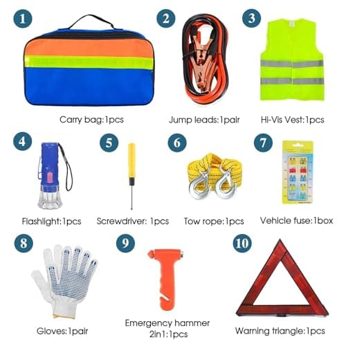 MEETOZ Car Emergency Breakdown Safety Kit 10-in-1 Vehicle Europe Roadside Assistance Travel Kit with Jump Leads, Tow Rope, Warning Triangle, Hi-Vis Vest, Emergency Hammer etc — view 2