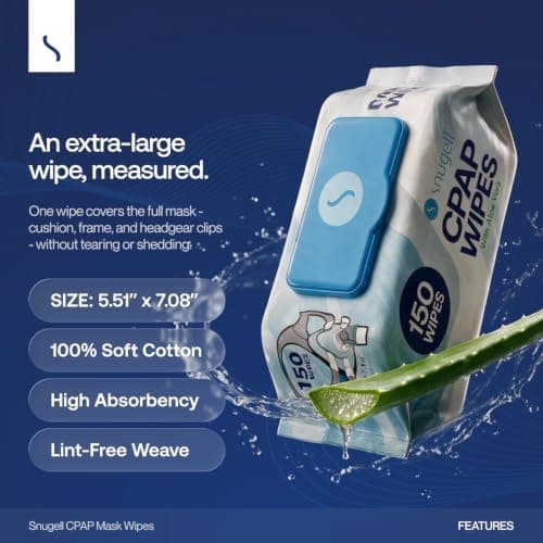 Snugell Unscented Travel CPAP Mask Wipes Antibacterial (150 Count) –100% Soft Cotton– Lint & Alcohol-Free,Skin Safe with Aloe Vera – Easy Opening CPAP Cleaner and Sanitizer for Masks, Tubes & Devices — view 4