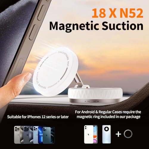Astriva Maglock Vacuum Magnetic Phone Suction Holder, 360° Rotating Adjustable Car Suction Cup Phone Mount, Foldable Vacuum Phone Stand for iPhone Mag Safe Android & All Phones (White) — view 3