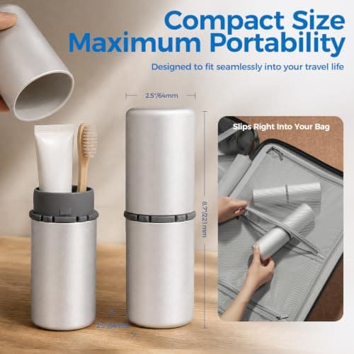 Aluminum Toothbrush Travel Case, Dustproof Travel Toothbrush Holder with Mouthwash Cup, Portable Toothbrush and Toothpaste Travel Case for Traveling, Bathroom, Camping, Business Trip-Silver — view 5