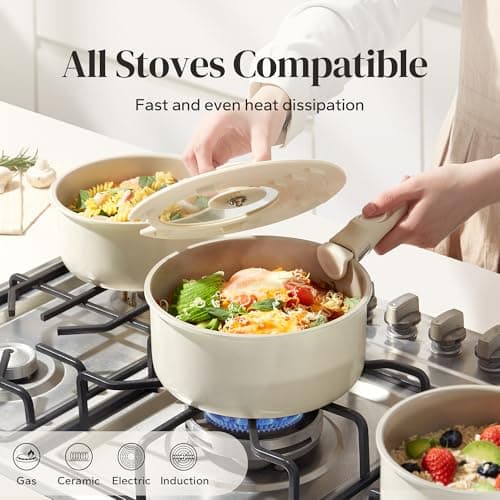 Redchef Ceramic Saucepans Set 16/18/20 cm with Removable Handle, Pot Set Induction Safe, Non-Stick, Space Saving, Stackable Design, PFAS PFOA & PTFE Free (Beige) — view 4