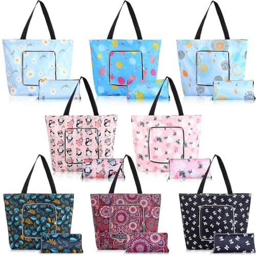 Cunno 8-pack Summer Beach Tote Bags, Waterproof Sandproof Reusable Shopping Travel Bags with Zipper, Foldable Pocket-size(Lively)
