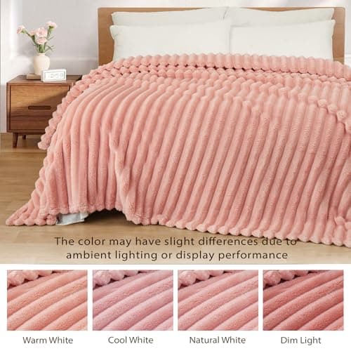 Exclusivo Mezcla Soft Striped Fleece Blanket, Pink Fluffy Sofa Bed Throw — view 3