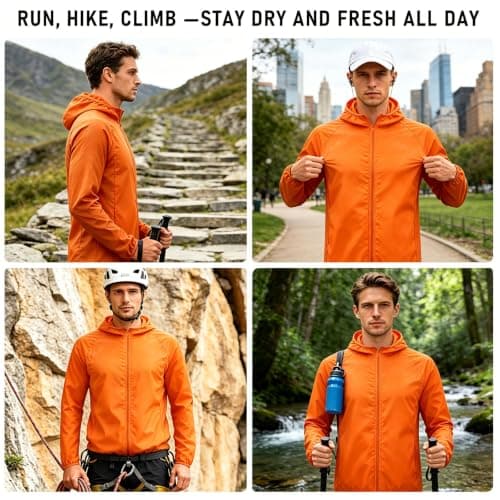 ADUDVLO Men's Lightweight Waterproof Jacket with Pockets, Packable Hooded Windproof Rain Jacket for Travel, Running & Hiking – Includes Carry Pouch (UK, Alpha, XS, Regular, Regular, Orange) — view 2