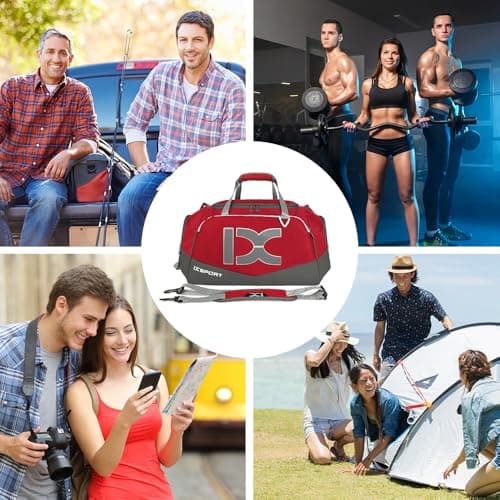 INOXTO Large Foldable Sports Gym Bag with Wet and Dry Pockets and Shoe Compartment for Men and Women, Weekend Overnight Camping Travel Duffel Bag (red with White, Standard) — view 6