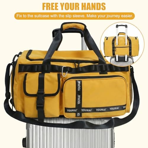 Sports Bag Travel Bag for Men and Women, Large 65L Sports Bags with Shoe Compartment & Wet Compartment, Large Capacity Travel Bag, Gym Bag, Travel Swimming Bag, Overnight Bag (Yellow) — view 5
