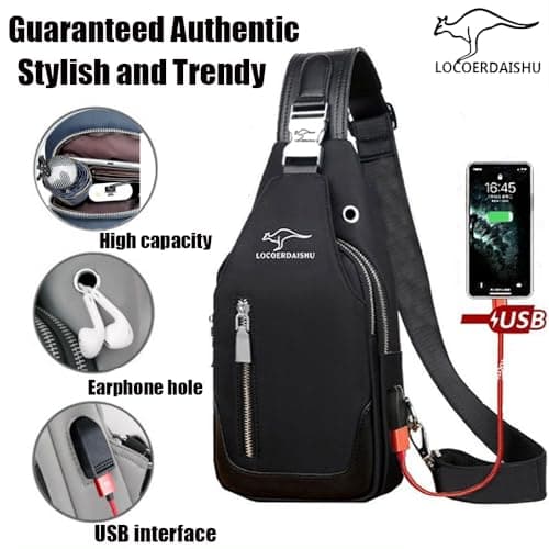 Men's Waterproof Sling Bag, Oxford cloth Chest Shoulder Crossbody Bag Crossbody with Double zipper USB Charging Port Adjustable Strap, Lightweight Casual Daypack for Hiking, Travel, Camping (Black) — view 4