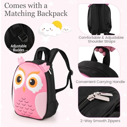 HOMFME 2 PCS Kids Luggage Set, Children Suitcase and Backpack Set with Adjustable Handle and Universal Wheels, Hard Shell Toddler Trolley Case for Travel School (12 + 16 Inch, Pink Owl) — view 3