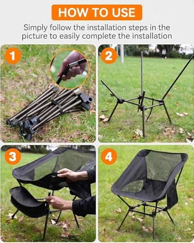 Folding Camping Chair, Ultra Lightweight Aluminum Compact Portable Chair, 150kg Load Capacity, Backrest, 3-Sided Breathable Mesh, Side Pocket, Strong & Sturdy, Quick Setup, Gift for Dad - Black — view 3