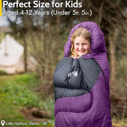 Trail Kids Sleeping Bag Mummy Shape 3 Season Camping 300gsm Boys Girls with Lightweight Rucksack Bag (Purple) — view 2