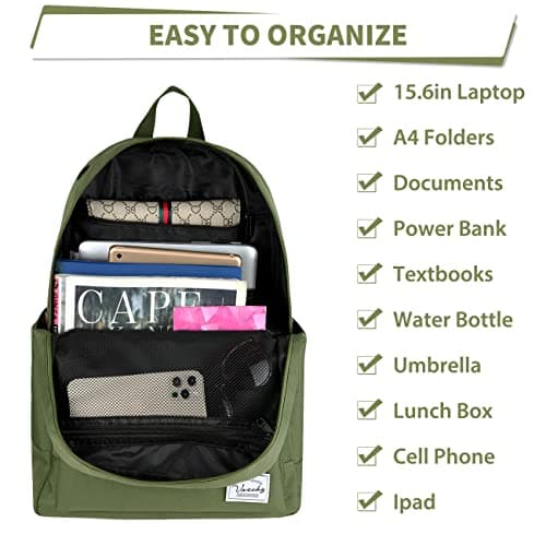 VASCHY School Backpack, Unisex Slim Lightweight Water-resistant Minimalist Backpack for Men Women College Schoolbag Travel Bookbag Green — view 4