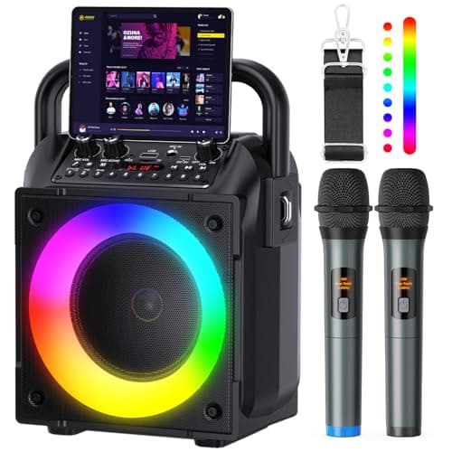 Karaoke Machine with Two Wireless Microphones, Adults&Kids Portable Karaoke Machine, Bluetooth Speaker with PA System, LED Lights, Supports TF Card/USB, AUX in, FM, USB,TWS, REC for Party, Gift(Black)
