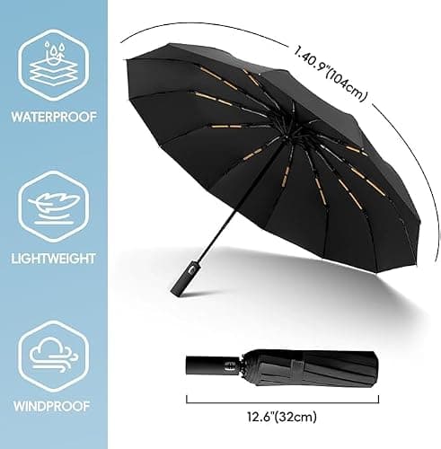Umbrella Windproof Strong Compact,Light portable and automatic folding rain Umbrella, Extra Large Automatic Open & Close Rainproof with UV Protection, Durable Premium Grip, Fits Car. (Blk) — view 3