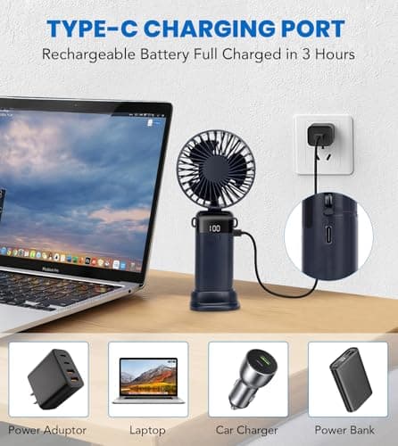 Handheld Fan, 19H Portable USB Hand Held Fans Rechargeable with 5 Speeds, Power Display, Battery Operated Desk Fan, Small Personal Fan with Base, Hanging Rope, Suit for Home Office Travel Essentials — view 3