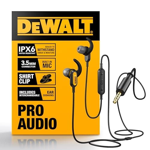 DEWALT Heavy Duty Wired Earphones with Microphone, Jobsite Earbuds Wired 3.5mm, Water-Resistant 3.5mm Earbuds with Mic, Connected Headphones for Outdoor Work