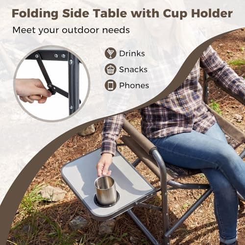 COSTWAY Folding Directors Chair, Oversized Camping Chairs with Side Table and Cup Holder, Outdoor Heavy Duty Beach Chair for Lawn Picnic Hiking Fishing (Camouflage, 82 x 46 x 88cm, no Storage Pocket) — view 5