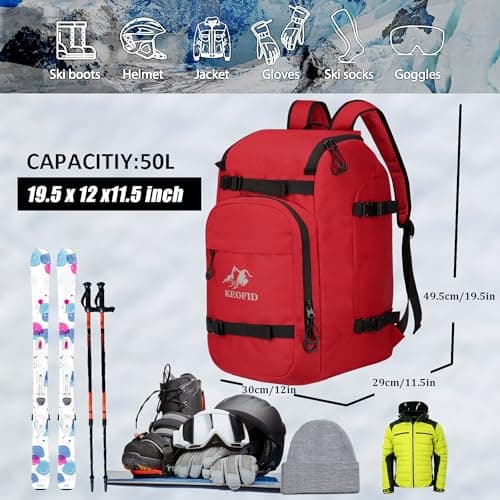 KEOFID Ski Boot Bag Backpack, Waterproof 50L Ski Bag, Travel Backpack for Ski Helmet, Snowboard and Accessories(Red) — view 3