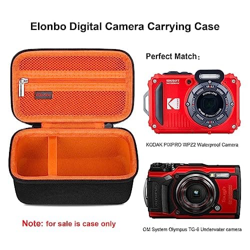 Elonbo Carrying Case for Kodak PIXPRO WPZ2 Rugged Waterproof Digital Camera, Shockproof WiFi 4K Video Digital Camera Storage Cover Bag, Mesh Pocket fits Battery Charger Memory Card. Black+Orang — view 2