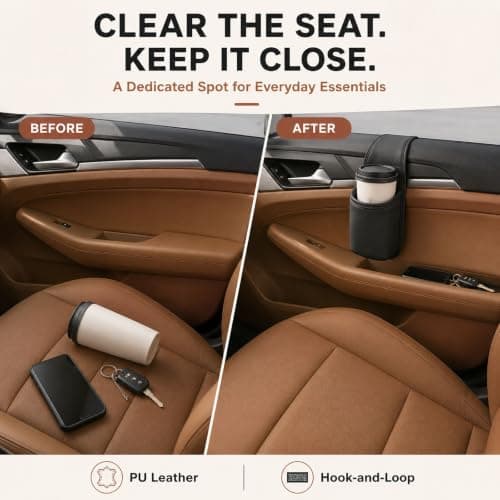 Leather Car Door Cup Holder, Window-Mount Drink & Phone Organizer (Black) — view 6