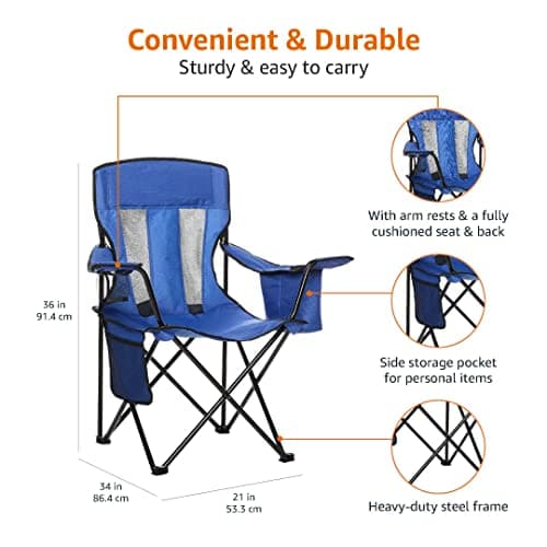 Amazon Basics Comfortable, Heavy Duty, Portable Camping Chair with 4-Can Cooler, Side Pocket, Cup Holder, and Carry Bag, Collapsible for Camping, Fishing, Beach, and Backpacking, Large, Mesh, Blue — view 6