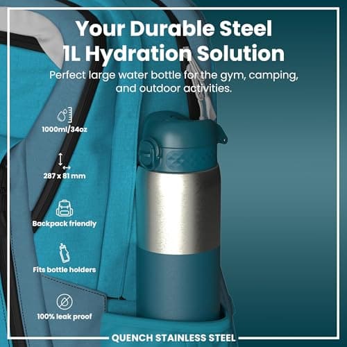 ION8 Lightweight 1 Litre Steel Water Bottle, Non-Insulated, Leak Proof, Easy to Open, Secure Lock, Dishwasher Safe, Flip Cover, Carry Handle,Ideal for Travel & Active Lifestyles, Half Cut Deep Teal — view 2