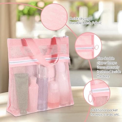 Portable Mesh Shower Bag, Small Mesh Shower Caddy Dorm for College Student, Double Layer Toiletry Tote Bag for Gym Travel Beach Bathroom Sunscreen (Pink) — view 3