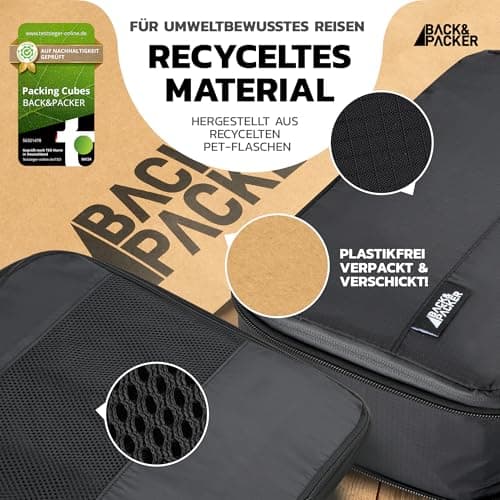 BACK&PACKER Packing Bags Set with Compression - 6 Pieces - Packing Cubes Made of Recycled Material - Lightweight Organiser for Backpack & Suitcase - Includes Wet Laundry Bag (Black) — view 5