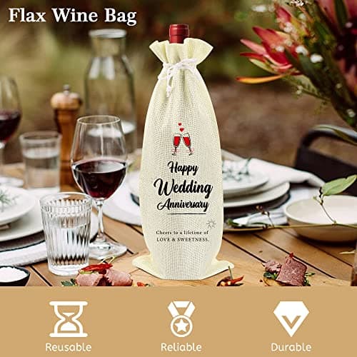 Omoojee Wedding Anniversary Wine Bag, Couple Gift for Married Anniversary, Flax Drawstring Wine Bag (1 Pack) — view 4