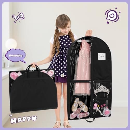 Costume Garment Bags for Dancers, Garment Bags with 3 Clear Zipper Pockets, Clothes Covers Protector Bags for Suits, Travel & Sports Jersey, Cheer Uniform, Cosplay (Black, 1 Pack (40inches)) — view 4