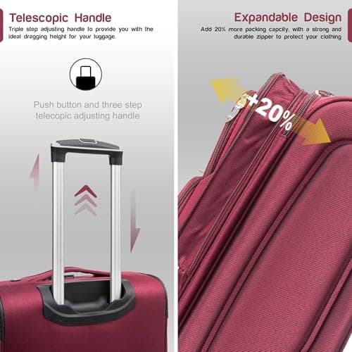 Aerostar Extra Large 32” Lightweight Softshell Expandable Suitcase, Integrated Combination Lock, 4 Wheels Check in Luggage for 30kg (Red, 162 litres) — view 3