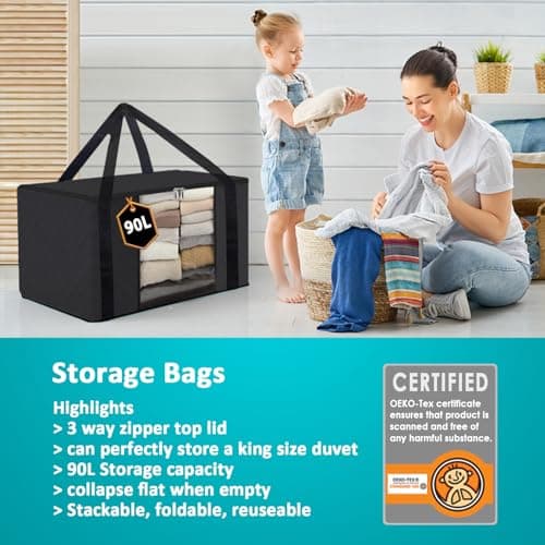 Joybees Clothes Storage Bags with Lids, 3-Pack, 90L Large Foldable Boxes with Zipper & Clear Window, Thick Scratch-Resistant Material, Moving & Bedding Storage, Black, 60 × 45 × 35 cm — view 5