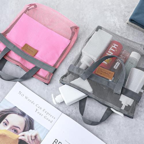 oruola 2 Pcs Shower Bags Women,Mesh Shower Caddy Bag,Quick Dry Portable Gym Showers Bag with Zipper for Travel,Gym,Swimming,Camping,College Dorms,Beach (Grey & Pink) — view 2