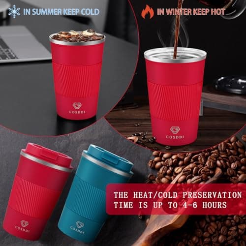 CS COSDDI Travel Mugs, Insulated Coffee Cup with Leakproof Lid - Reusable Coffee Cups Travel - Car Coffee Cup - Stainless Steel Coffee Mug for Hot and Cold Water and Tea (Red-A, 380 ml) — view 2