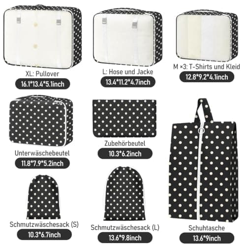 Suitcase Organiser Set, 10 Pieces Packing Cubes for Suitcase Travel Accessories Suitcase Organiser Set Clothes Bags Packing Cubes Cosmetic Travel Organiser Packing Bags for Suitcases White Dots — view 2
