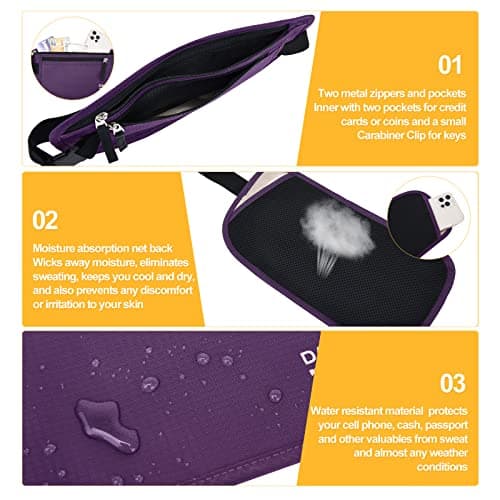 RFID Blocking Money Belt for Men Women, Slim Fanny Pack for Travel，Running,Conceal Waist Wallet for Passport Holder,Phone,Cash(Dark Purple) — view 4