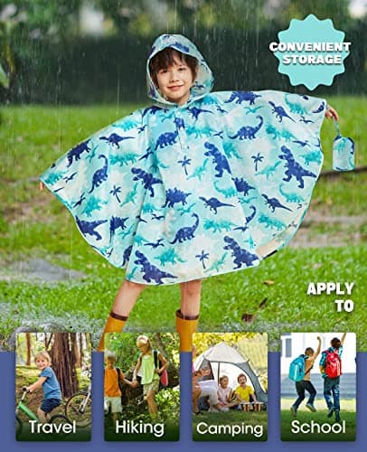 WAWSAM Kids Poncho Waterproof - Dinosaur Rain Poncho for Boys - Lightweight Hooded Raincoat with Storage Bag - Portable Rainwear for School & Travel — view 5