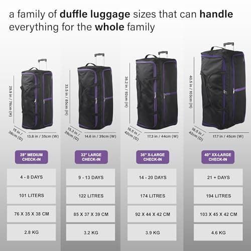 Aerostar 32" Large Lightweight Duffle 2 Wheel Travel Bag Holdall Suitcase Check-in Luggage All Terrain (122L, Purple on Black) — view 6