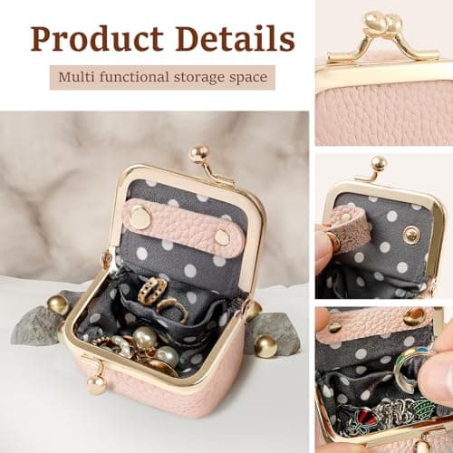 QINGLANG Genuine Leather Mini Jewelry Box with Kiss Lock Vintage Inspired Coin Purse Portable Small Jewelry Case Organizer Small Travel Ring Box for Girls Women(Pink) — view 5