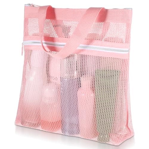 Portable Mesh Shower Bag, Small Mesh Shower Caddy Dorm for College Student, Double Layer Toiletry Tote Bag for Gym Travel Beach Bathroom Sunscreen (Pink)