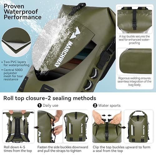 MARCHWAY Roll Top Waterproof Backpack, Floating Dry Bag 20L/30L/45L with Ergonomic Rectangular Base, Cushioned Back, Hip Strap, Gear Loops, MOLLE for Hiking Camping Kayaking Travel (Army Green, 20L) — view 4