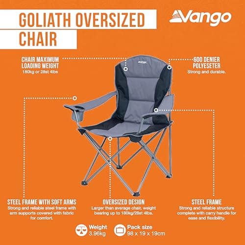 Vango Goliath X-Large Padded Camping Chair for Adults [Amazon Exclusive], Extra Wide Seat with Insulated Drinks Holder, Folding Garden Chair for Outdoors, Fishing, Beach — view 5