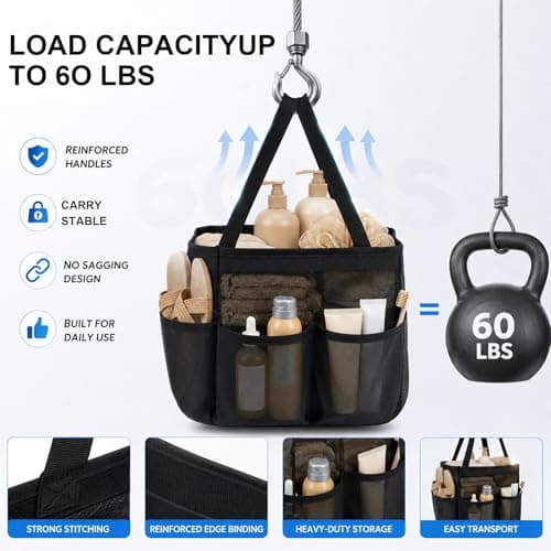 1 Pack Quick Dry Mesh Shower Bag, Portable 8 Pockets Bath Organiser Shower Caddy Tote with 2 Handles Hanging, for College Dorm Room Essentials, for Beach, Swimming, Gym, Travel Essentials (Black) — view 6
