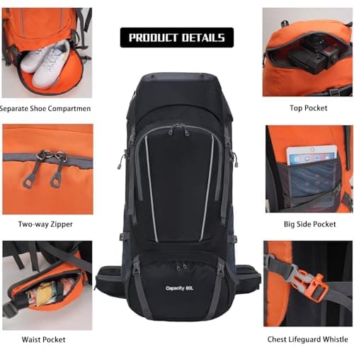 Ezmina 80L Hiking Backpack with Rain Cover Large Camping Rucksack for Men Women Lightweight Travel Backpacking Waterproof Trekking Bag Hiker Daypack for Touring Climbing Outdoor Sport Mountaineering — view 3